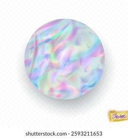 Holographic circle sticker with the shadow. Abstract round trendy wallpaper background. Hologram texture. Premium quality. Modern vector  for mockup