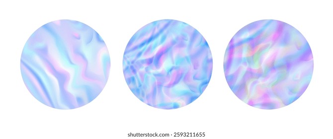 Holographic circle sticker with the shadow. Abstract round trendy wallpaper background. Hologram texture. Premium quality. Modern vector  for mockup