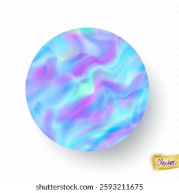 Holographic circle sticker with the shadow. Abstract round trendy wallpaper background. Hologram texture. Premium quality. Modern vector  for mockup