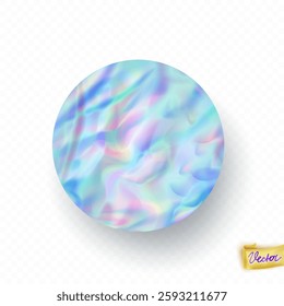Holographic circle sticker with the shadow. Abstract round trendy wallpaper background. Hologram texture. Premium quality. Modern vector  for mockup