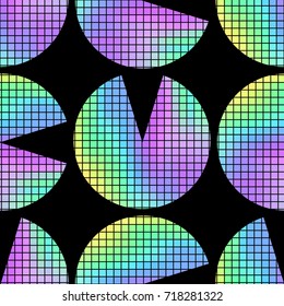 Holographic circles on a black background. Seamless pattern in a minimalist style. Iridescent figures. Vector illustration EPS 8