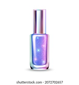 Holographic Color Nail Polish Blank Package Vector. Holographic Glittering Cosmetology Product Bottle For Making Stylish Manicure In Beauty Salon. Template Realistic 3d Illustration