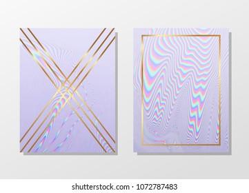 Holographic colorful neon card in modern glitch style with gold geometric elements.