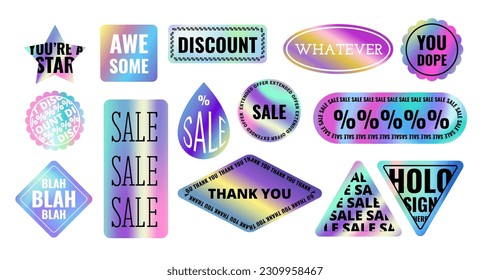 Holographic and Colors Sticker Set Sale Concept. Vector illustration of Discount Stickers Labels Badges Signs