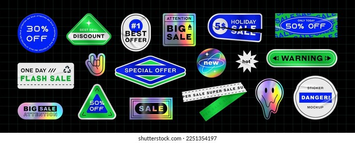 Holographic and colors sticker set. Shine metal badges of various shapes. Gradient sale and discount sticker Vector iridescent foil adhesive film, holography labels mockup and realistic holo textures.
