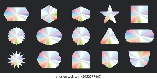 Holographic and colors sticker set. Shine metal badges of various shapes. Gradient sale and discount sticker Vector iridescent foil adhesive film, holography labels mockup and realistic holo textures.