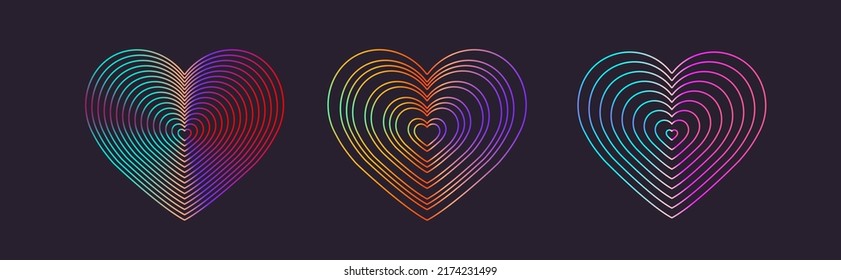 Holographic Concentric Heart Shapes Of Dark Background.