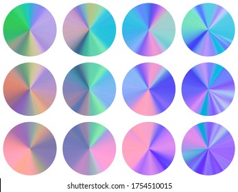 Holographic concentric metallic gradient ui button elements vector collection. Isolated bright medal shapes. Banner metal gradient texture templates. Label backgrounds graphic design.