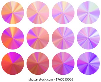 Holographic concentric metallic gradient ux button elements vector collection. Isolated abstract swatches. Banner metal gradient texture templates. Label backgrounds material design.