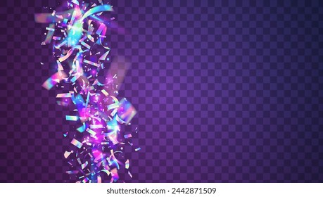 Holographic Confetti. Disco Concept. Laser Isolated Illustration. Neon Glitter. Purple Light Burst. Cristal Banner. Falling Poster. Festive Effect. Pink Holographic Confetti