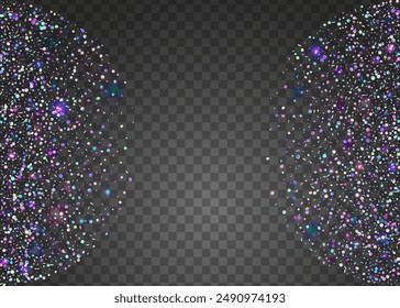 Holographic Confetti. Disco Isolated Cristals. Carnaval Serpentine. Cristal Banner. Iridescent Paper. Modern Poster. Glare Texture. Blue Laser Effect. Purple Holographic Confetti