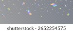 Holographic confetti falling frame. Rainbow light hologram background. Prism lens. Shiny festive decor. Crystal texture. Party celebration. Glamour design. Vector Illustration.