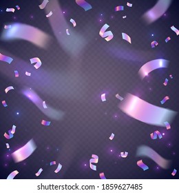 Holographic confetti. Festive neon sparkles, birthday or new year party carnival decor, metal foil particles explosion, rainbow iridescence effect. Decoration poster vector background in purple colors