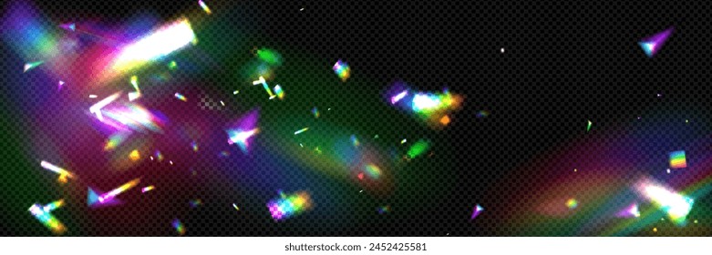 Holographic confetti flying on black background. Vector realistic illustration of glitter foil pieces sparkling in darkness, festive bokeh overlay effect, iridescent silver streamer falling at party