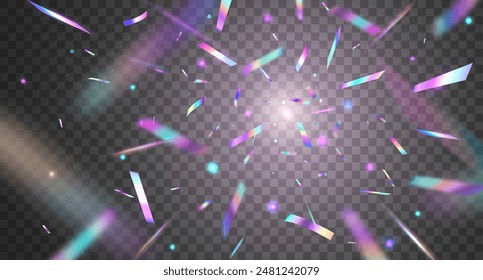 Holographic confetti, neon hologram and rainbow iridescent foil streamers with vector bokeh light effects and sparkles. 3d holographic confetti explosion on transparent background with lens flare