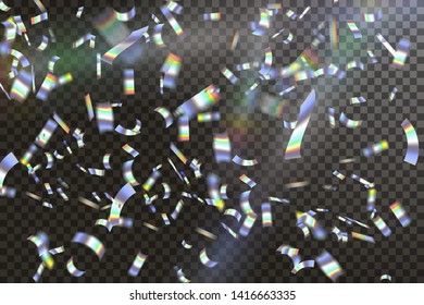 Holographic confetti on transparant background. Vector stock.