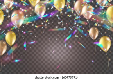 Holographic confetti with rainbow glare glitter, gold helium ballons isolated on transparent background. Balloons birthday party overlay texture. Vector neon hologram tinsel effect and golden baloons