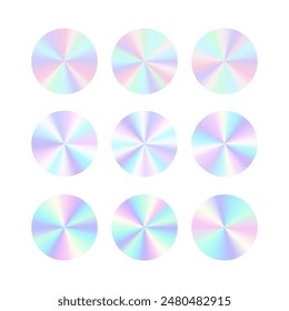 Holographic conical radial gradients set. Multicolored circle discs.