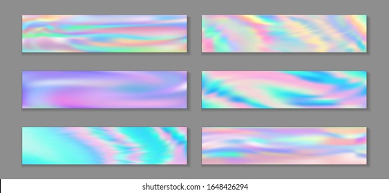 Conjunto vectorial de fondo unicornio de gradiente horizontal con fondo holográfico fresco. Gradientes de textura holográfica romántica. Efecto líquido fluido de fondo de unicornio de moda.