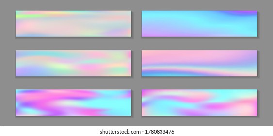 Holographic cool banner horizontal fluid gradient unicorn backgrounds vector collection. Pastel neon holo texture gradients. Fluid liquid effect fashionable unicorn backgrounds.