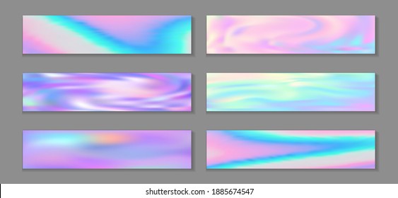 Holographic cool flyer horizontal fluid gradient unicorn backgrounds vector set. Opalescence neon holo texture gradients. Fluid liquid print fashionable unicorn backgrounds.