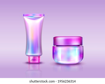 Holographic cosmetics package, iridescent tube and jar for cream, cosmetic beauty product packs, makeup containers with pink caps and shiny hologram surface design, Realistic 3d vector isolated mockup