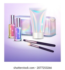 holographic cosmetics poster bag. beauty skincare holographic glitter. unicorn gloss product. 3d realistic vector