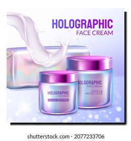 holographic cosmetics poster container. hologram face mask care. modern zipper. 3d realistic vector