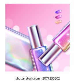 holographic cosmetics poster cream. tube container. girl makeup. 3d realistic vector