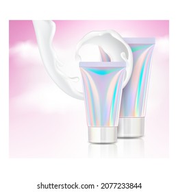 holographic cosmetics poster tube. ad facial cream bottle. body concealer. hologram cosmetic effect. 3d realistic vector