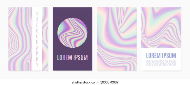 Holographic Cover Design Template Set. Trendy Gradient Abstract Backgrounds in Futuristic Style. Holographic Template with Text for Placards, Posters, Banners, Presentation, Brochure, Magazine, Card.