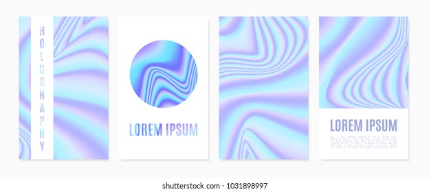 Holographic Cover Design Template Set. Trendy Gradient Abstract Backgrounds in Futuristic Style. Holographic Template with Text for Placards, Posters, Banners, Presentation, Brochure, Magazine, Card.