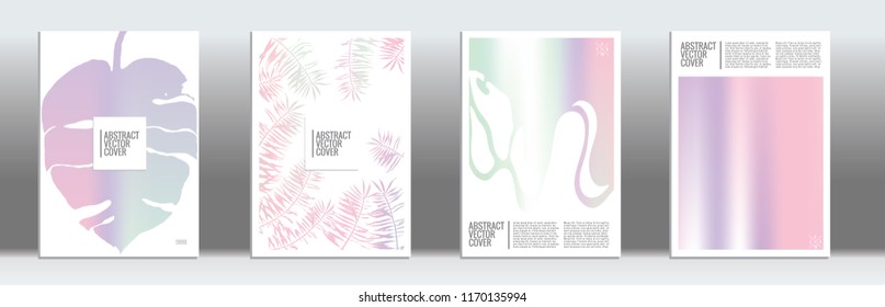 Holographic cover. Exotic flyer on rainbow background.  Fluid poster design.  Brochure template design. Holo backdrop. Stylish vector cover design.  Abstract gradient vintage texture.