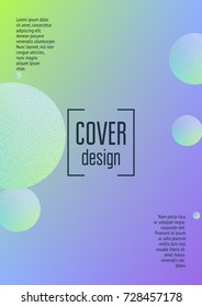 Holographic cover with fluid and halftone dots texture. Geometric shapes on gradient background. Modern template for banner, flyer, annual report, brochure. Minimal holographic cover in neon colors.