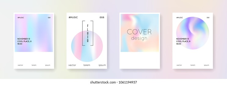 Holographic cover set. Abstract backgrounds. Futuristic holographic cover with gradient mesh. 90s, 80s retro style. Iridescent graphic template for placard, presentation, banner, brochure.
