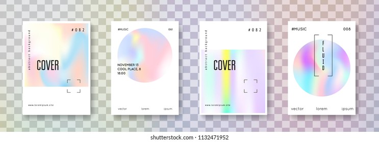 Holographic cover set. Abstract backgrounds. Vibrant holographic cover with gradient mesh. 90s, 80s retro style. Pearlescent graphic template for brochure, banner, wallpaper, mobile screen