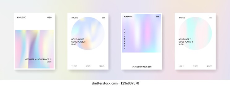 Holographic cover set. Abstract backgrounds. Trendy holographic cover with gradient mesh. 90s, 80s retro style. Pearlescent graphic template for book, annual, mobile interface, web app.