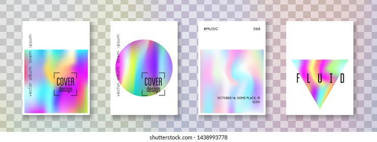 Holographic cover set. Abstract backgrounds. Trendy holographic cover with gradient mesh. 90s, 80s retro style. Iridescent graphic template for brochure, banner, wallpaper, mobile screen