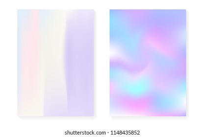 Holographic cover set with hologram gradient background. 90s, 80s retro style. Pearlescent graphic template for flyer, poster, banner, mobile app. Futuristic minimal holographic cover.