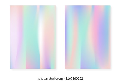 Holographic cover set with hologram gradient background. 90s, 80s retro style. Pearlescent graphic template for book, annual, mobile interface, web app. Rainbow minimal holographic cover.