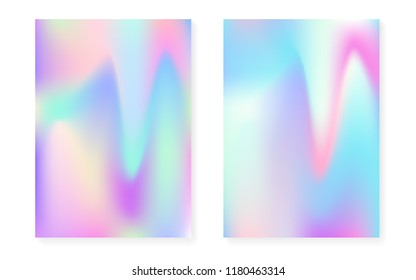 Holographic cover set with hologram gradient background. 90s, 80s retro style. Pearlescent graphic template for placard, presentation, banner, brochure. Spectrum minimal holographic cover.