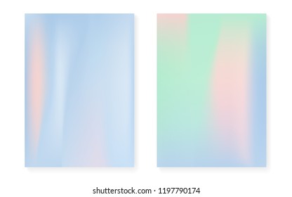 Holographic cover set with hologram gradient background. 90s, 80s retro style. Iridescent graphic template for placard, presentation, banner, brochure. Plastic minimal holographic cover.