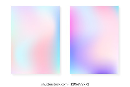 Holographic cover set with hologram gradient background. 90s, 80s retro style. Iridescent graphic template for flyer, poster, banner, mobile app. Stylish minimal holographic cover.