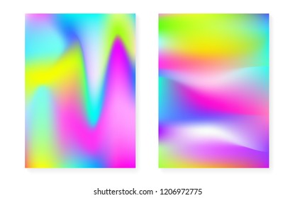 Holographic cover set with hologram gradient background. 90s, 80s retro style. Pearlescent graphic template for book, annual, mobile interface, web app. Rainbow minimal holographic cover.