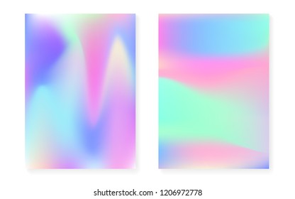 Holographic cover set with hologram gradient background. 90s, 80s retro style. Iridescent graphic template for brochure, banner, wallpaper, mobile screen. Retro minimal holographic cover.