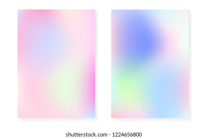 Holographic cover set with hologram gradient background. 90s, 80s retro style. Iridescent graphic template for flyer, poster, banner, mobile app. Trendy minimal holographic cover.