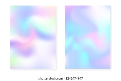 Holographic cover set with hologram gradient background. 90s, 80s retro style. Iridescent graphic template for brochure, banner, wallpaper, mobile screen. Neon minimal holographic cover.