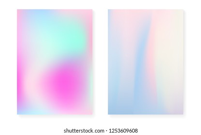 Holographic cover set with hologram gradient background. 90s, 80s retro style. Iridescent graphic template for flyer, poster, banner, mobile app. Neon minimal holographic cover.