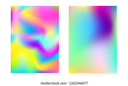 Holographic cover set with hologram gradient background. 90s, 80s retro style. Pearlescent graphic template for placard, presentation, banner, brochure. Bright minimal holographic cover.