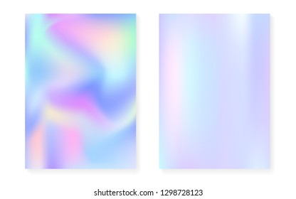 Holographic cover set with hologram gradient background. 90s, 80s retro style. Iridescent graphic template for book, annual, mobile interface, web app. Colorful minimal holographic cover.